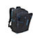 Schwarzer Rucksack mit blauem Innenfutter und ReiÃŸverschlÃ¼ssen. Die vordere Klappe ist geÃ¶ffnet, mit dem Schriftzug RIVACASE.