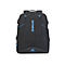 Schwarzer Rucksack mit blauem Reisverschluss. Aufgedruckter, blauer Schriftzug: RIVACASE.