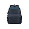Dunkelblauer Rucksack, RÃ¼ckseite, Netzgewebe, TrÃ¤ger, orangefarbene Elemente.