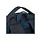 Nahaufnahme des oberen Teils eines Rucksacks. Der Griff und die Riemen sind blau, der Rucksack ist dunkelgrau.
