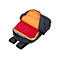 Grauer Rucksack, geÃ¶ffnet. Innen orange, mit roten und gelben KleidungsstÃ¼cken.