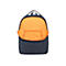 Blauer Rucksack, der geÃ¶ffnet ist und ein orangefarbenes Innenfutter zeigt.