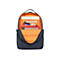 Offener, grauer Rucksack mit orangefarbenem Innenfutter. EnthÃ¤lt Laptop, Smartphone, Notizbuch und CD.