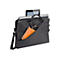 Schwarze Laptoptasche mit iPad und Handy. Tasche mit Trageriemen und Griff. Im Fach ein orangefarbenes Handy.