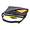 Schwarze Laptoptasche, offen, mit Laptop, Tablet, Portemonnaie und Dokumenten. Die Tasche hat einen Schulterriemen.