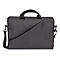 Dunkle, rechteckige Laptoptasche mit Griff, Schulterriemen und ReiÃŸverschluss. Die Tasche ist aus robustem Material gefertigt.