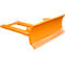 An orange snowplow against a white backdrop. The tool features a wide blade with bolts, a frame, and a hitch.