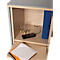 Armoire ouverte avec contenu : verre, cloches dorées, smartphone, porte-documents et papier.