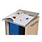 Light brown cabinet with blue interior. On it, an open magazine, clipboard, pen and blue felt-tip pen.