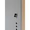 Grey cabinet, keys in the lock, other keys hanging next to it.