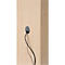 Close-up of light wood surface with a gray cable grommet from which black cables protrude.