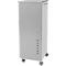 Grey cabinet on wheels with a handle, ventilation slots and lock. The cabinet stands on four small castors.