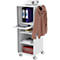White rolling furniture with projector, folders, tablet, books and jacket. Open door with tablet. Red and grey accents.