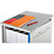 A gray metal filing cabinet with an open work surface, on which a notepad, a folder and a pen rest.
