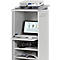 White presentation cart with laptop, camera and projector, website open.