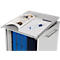 Grey office cabinet, lid with notepad, magazine and pen. Drawers with blue folders.