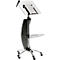Modern glass lectern with microphone, shelf, height adjustable, on wheels.