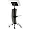 A black glass lectern with wheels. It has a top shelf for notes and a bottom shelf.