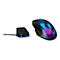 Souris de jeu sans fil et station de recharge sur fond blanc. La souris est noire avec des effets de lumière colorés.