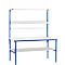Workbench with blue frame, white worktop, shelves, and a holder for accessories.