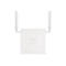 Ein weißer WLAN-Router mit zwei Antennen. Unten befinden sich zwei LED-Anzeigen. Das Logo ist "LANCOM".