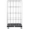 Metalen rolcontainer. Zilveren frame en rooster, zwarte bodem. Op vier wielen.