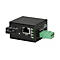 Schwarzer Netzwerk-Medienkonverter mit RJ45-Port, LWL-Anschluss und grünem Stromanschluss-Stecker.