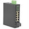 Industrie-Netzwerk-Switch in schwarzem Metallgehäuse mit acht RJ45-Ports, zwei Glasfaser-Anschlüssen und grünen LEDs.