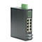 Schwarzer Industrie-Netzwerk-Switch mit acht Ethernet-Ports, zwei Glasfaseranschlüssen und Status-LEDs auf weißem Grund.