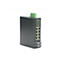 Schwarzer industrieller Netzwerk-Switch mit acht Ethernet-Ports und zwei Glasfaseranschlüssen vor weißem Hintergrund.