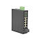 Industrie-Ethernet-Switch in einem grauen Metallgehäuse mit acht RJ45-Ports und grüner Anschlussklemme oben.