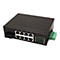Schwarzer Industrie-Ethernet-Switch mit acht LAN-Ports, einem Glasfaseranschluss und LED-Statusanzeigen.