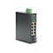 Schwarzer Industrie-Netzwerk-Switch mit acht LAN-Ports, zwei Glasfaseranschlüssen und Status-LEDs auf weißem Grund.