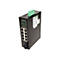 Schwarzer industrieller Ethernet-Switch mit acht LAN-Ports, einem Glasfaseranschluss und grünem Anschlussblock.