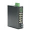 Schwarzer Industrial-Netzwerk-Switch mit acht Ethernet-Ports und grünem Anschlussblock vor weißem Hintergrund.