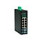 Schwarzer industrieller Ethernet-Switch mit acht Ports, grünen LED-Anzeigen und Dip-Schaltern.