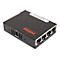 Schwarzer 5-Port Roline Netzwerk-Switch mit Status-LEDs und Stromanschluss auf weißem Hintergrund.