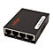Schwarzer Roline Netzwerk-Switch mit vier LAN-Ports und LED-Anzeige vor weißem Hintergrund.