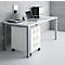 White desk with drawers, laptop, folders, and pen holder against a grey background.
