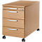 A wooden-colored mobile pedestal with three drawers and silver handles. It stands on castors.