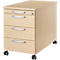 Beige, rolling filing cabinet with three drawers and silver handles.