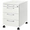 White rolling cabinet with three drawers, silver handles, and casters.