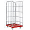 Metal roll container with a red grid-shaped base plate. The frame is silver and has castors at the corners.