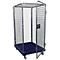 Metal cage cart with open door and blue bottom, on wheels. Detailed view of the product.