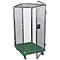 Roll container with green base and wire cage, door open. Wheels at the bottom.