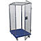 A metal roll container with an open door. Blue base, grey mesh walls, on wheels.