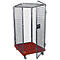 Roll cage trolley with open door, red floor, wheels. Metal frame, mesh walls. Industrial design.