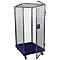 Metal mesh trolley with open door, blue floor and castors. On a light grey background.