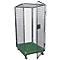 Metal mesh trolley, green base plate, gray castors. Open door.