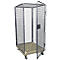 Metal cage on wheels with open door. The cage has a grid pattern and a beige floor.